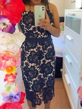 Navy Floral Lace Midi Dress - Elegant Women's Evening Dress